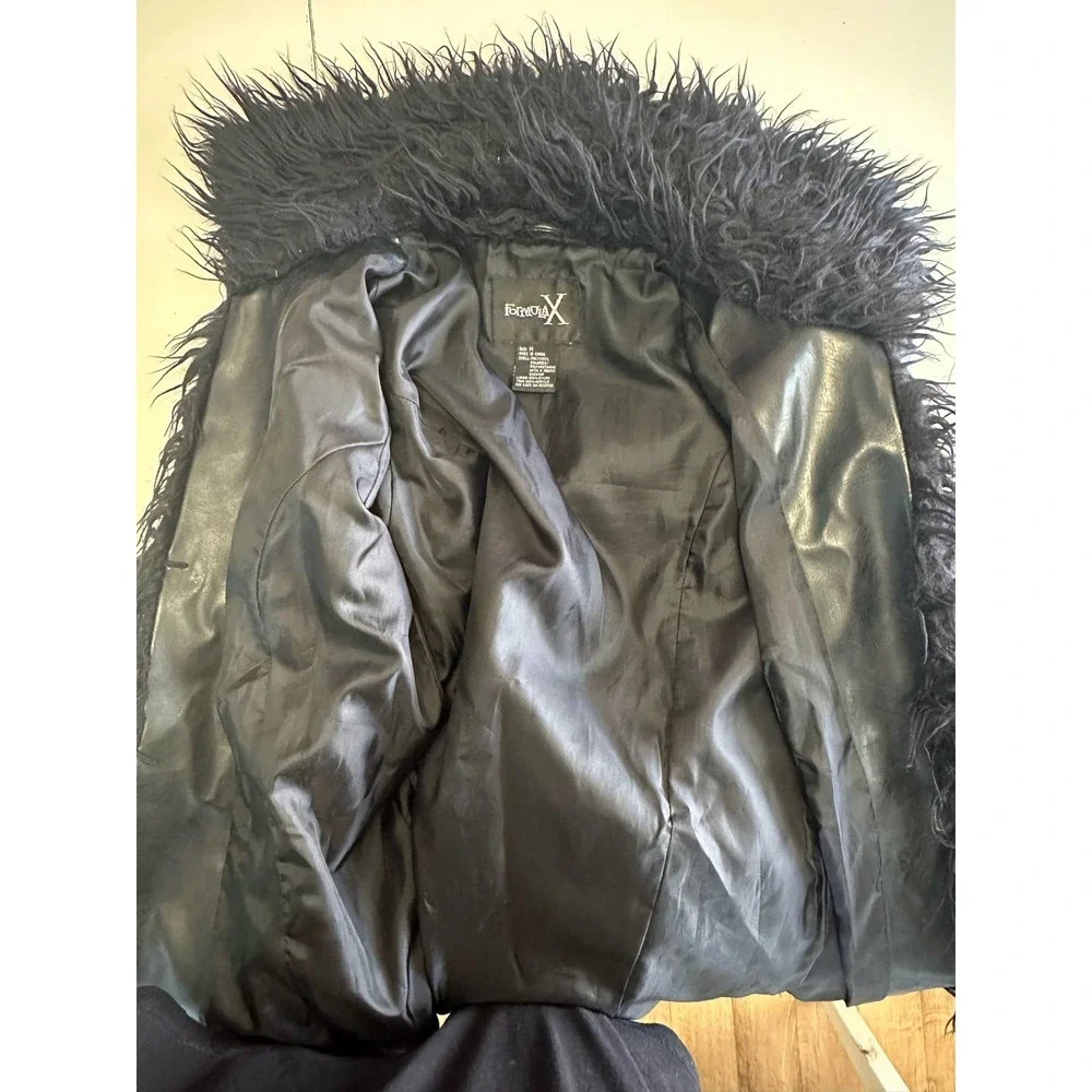 Vintage Y2K Formula X Penny lane all black coat size M faux leather fur Goth - Picture 6 of 13